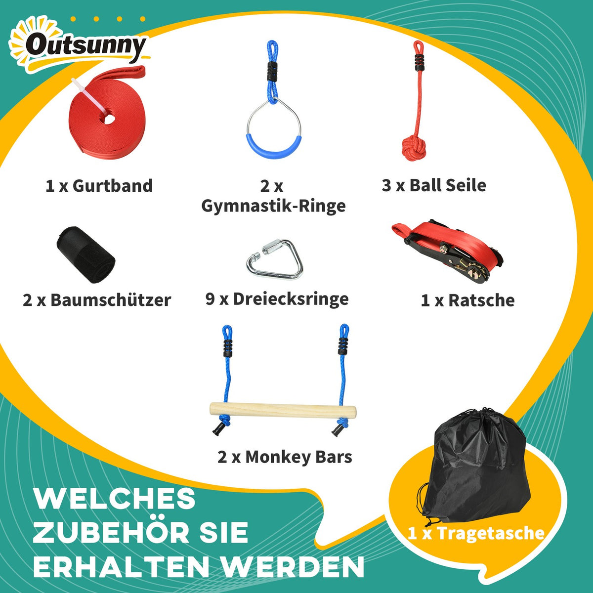 Ninja Slackline Set 10M Rope With Climbing Obstacles, Monkey Knots, Gymnastics Rings, For 3-6 Years