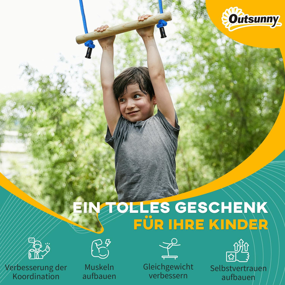Ninja Slackline Set 10M Rope With Climbing Obstacles, Monkey Knots, Gymnastics Rings, For 3-6 Years