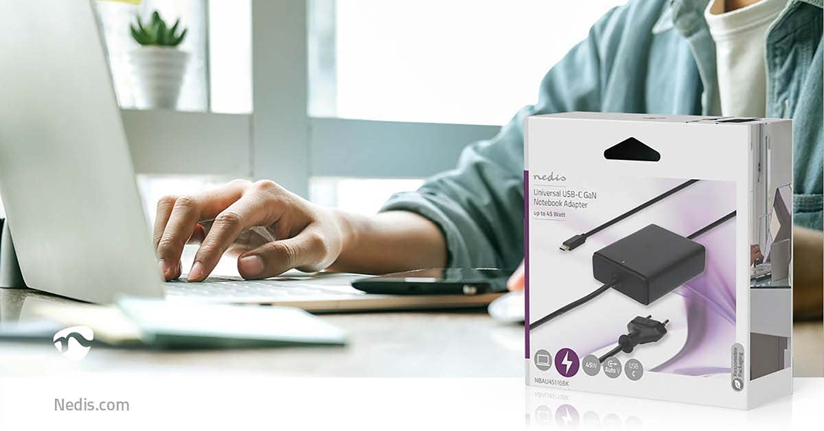 Notebook Adapter | GaN | 45 W| 5 / 9 / 12 / 15 / 20 V DC | 2.25 / 2.33 / 2.92 / 3.0 A| Used for: Computer / Smartphone / Tablet | Euro / Type-C (CEE 7/16)