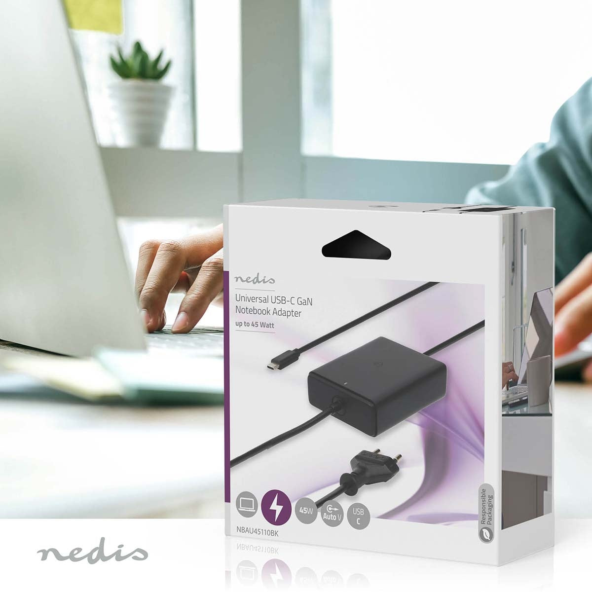 Notebook Adapter | GaN | 45 W| 5 / 9 / 12 / 15 / 20 V DC | 2.25 / 2.33 / 2.92 / 3.0 A| Used for: Computer / Smartphone / Tablet | Euro / Type-C (CEE 7/16)