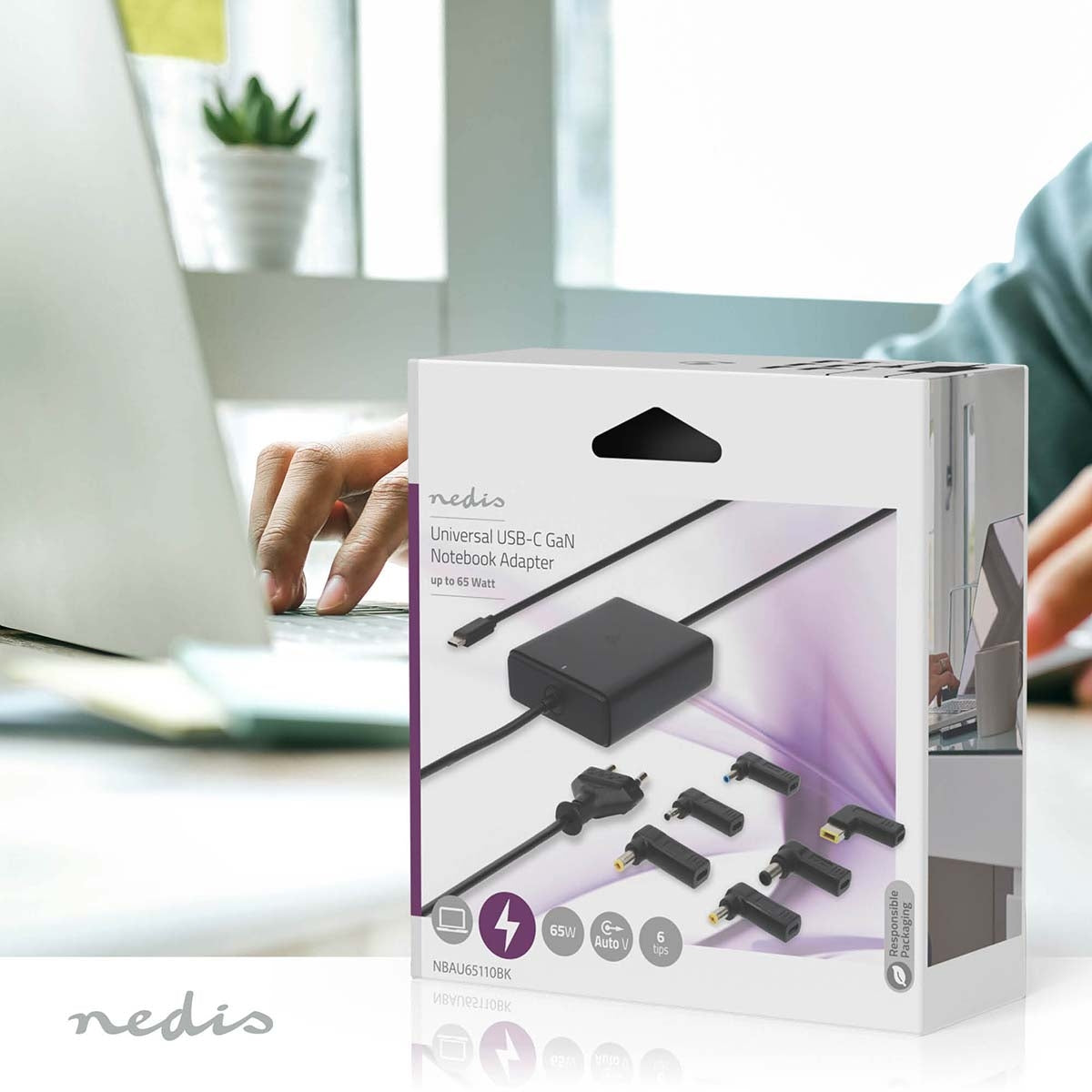 Notebook Adapter | GaN | 65 W| 5 / 9 / 12 / 15 / 20 V DC | 2.4 / 3.0 / 3.25 A | Used for: Computer / Smartphone / Tablet | Euro / Type-C (CEE 7/16)