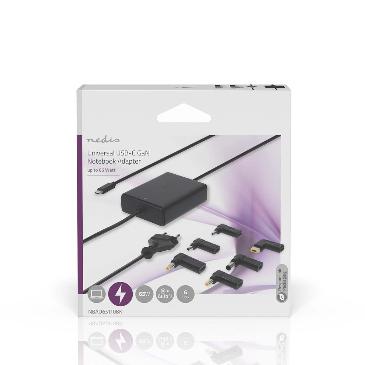 Notebook Adapter | GaN | 65 W| 5 / 9 / 12 / 15 / 20 V DC | 2.4 / 3.0 / 3.25 A | Used for: Computer / Smartphone / Tablet | Euro / Type-C (CEE 7/16)
