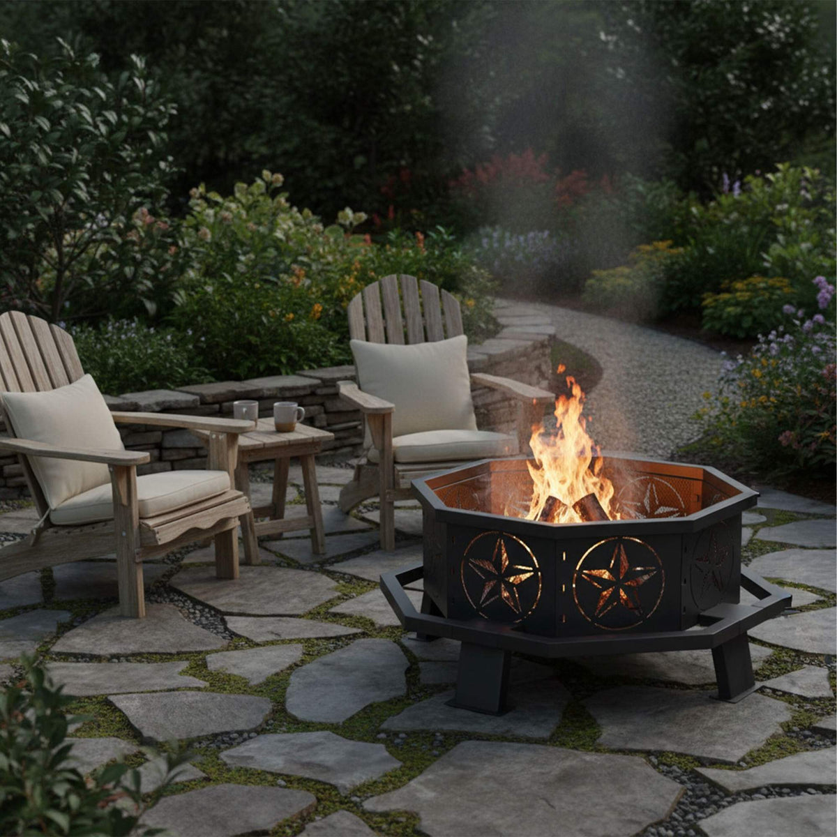 Octagonal Fire Bowl with Star Motif, Black