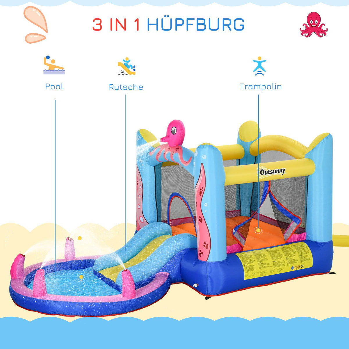 Octopus Pattern Inflatable Bouncy Castle With Slide Play Castle Trampoline Water Slide Pool For 3-8 Years Oxford Cloth