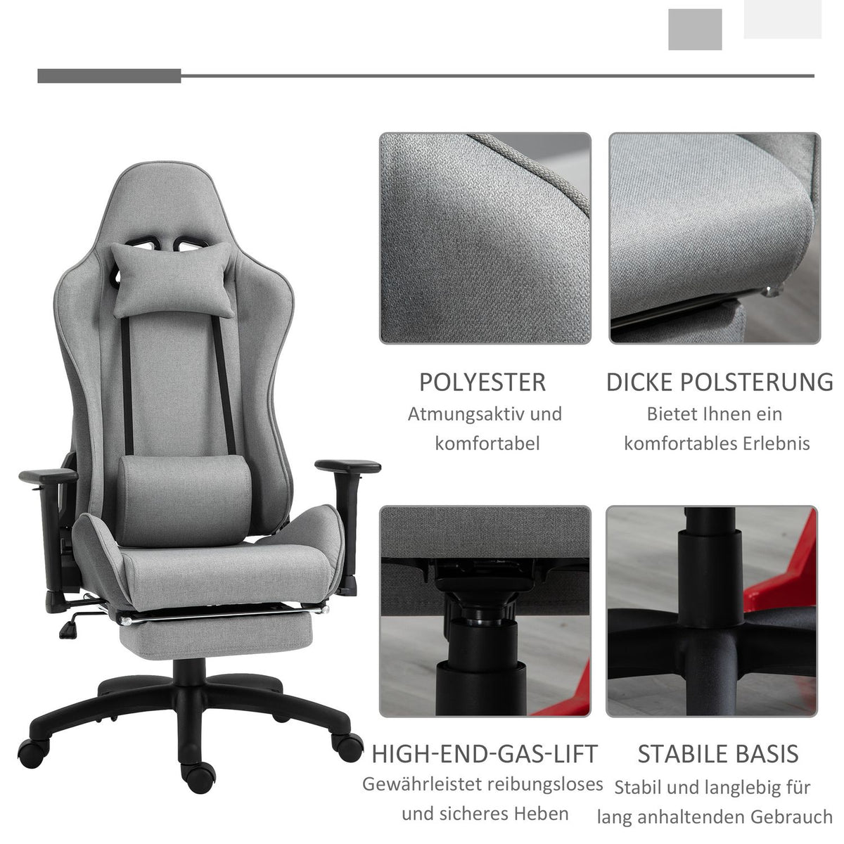 Office Chair Computer Chair Swivel Chair Ergonomic With Removable Head And Lumbar Cushion Rocker Function Gray 73X57X127-135 Cm