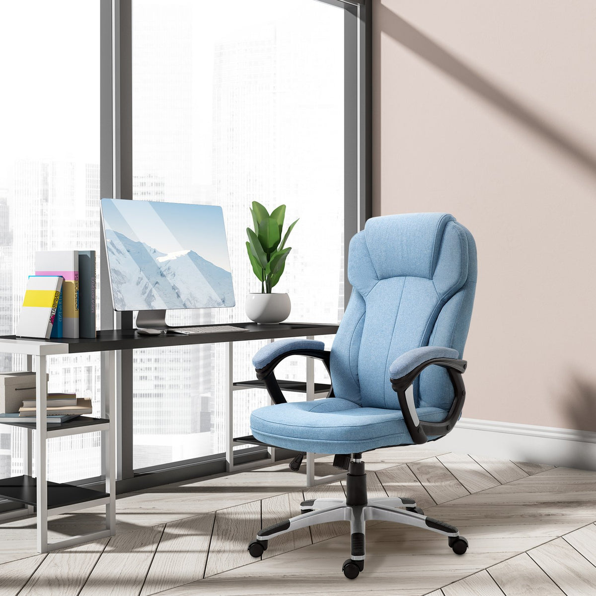 Office Chair Computer Chair Swivel Chair Height Adjustable Rocker Function Light Blue Linen 66X75X110-120Cm