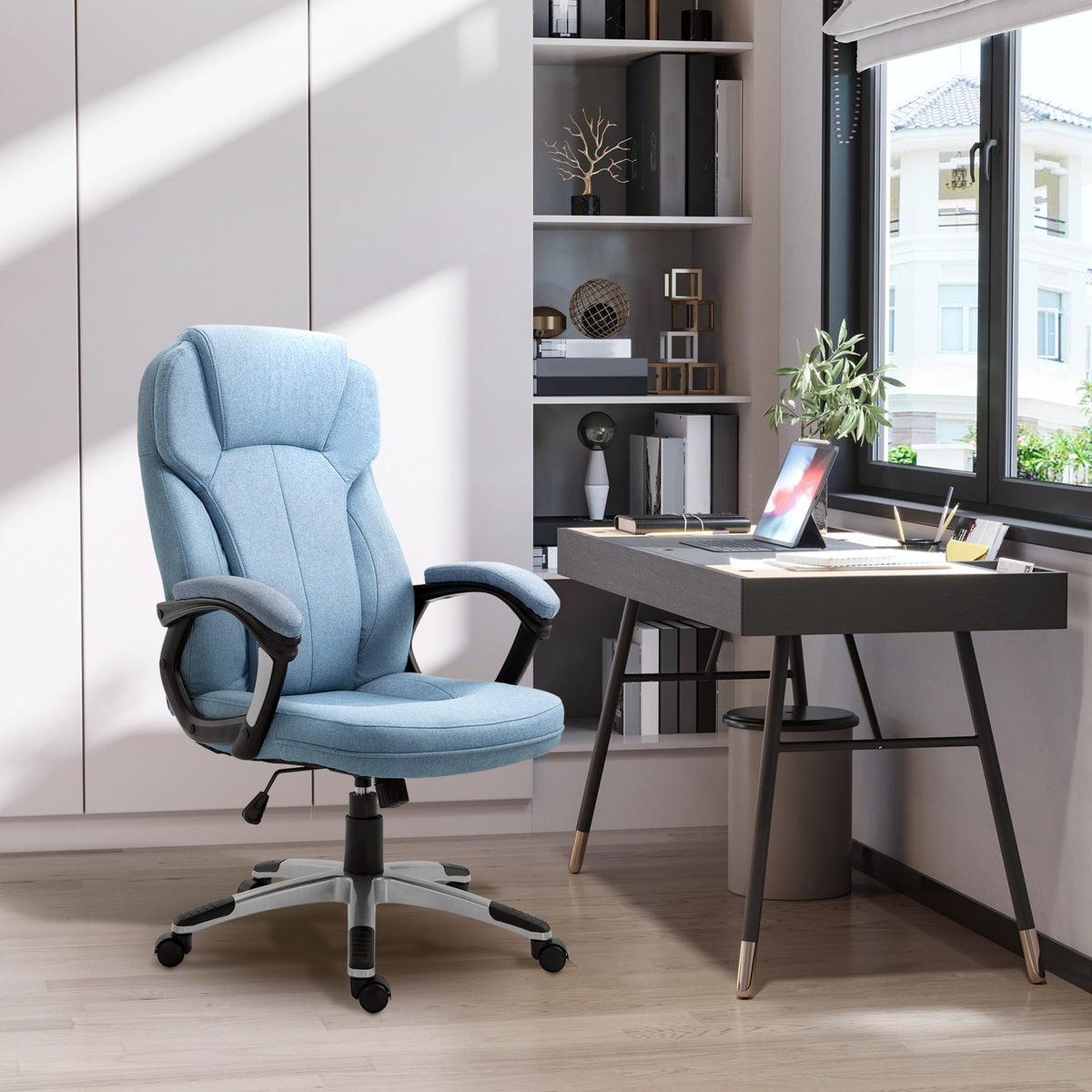 Office Chair Computer Chair Swivel Chair Height Adjustable Rocker Function Light Blue Linen 66X75X110-120Cm