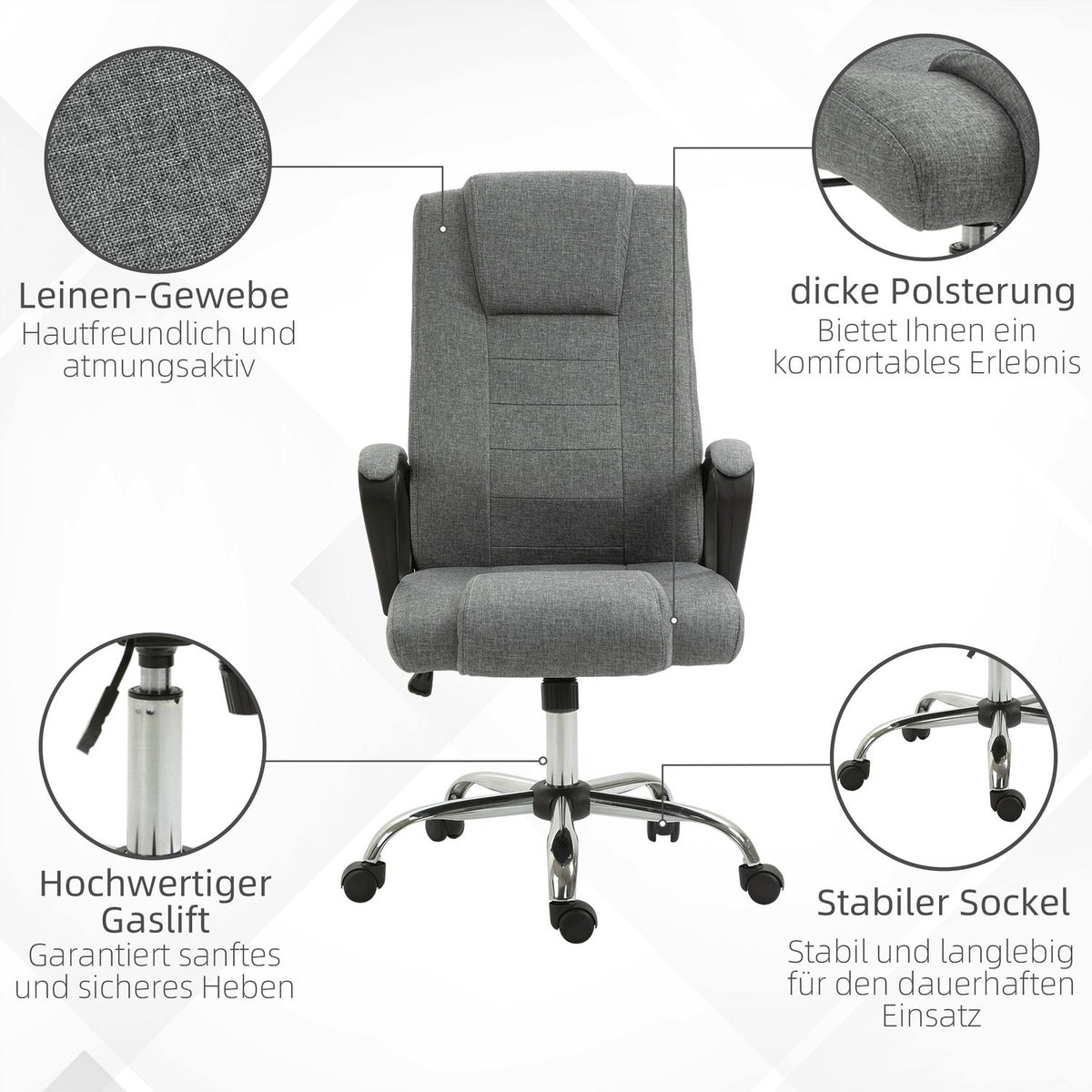 Office Chair Computer Chair With Rocker Function Headrest Ergonomic Desk Chair Swivel Height Adjustable Linen Touch 62X62X110-119 Cm
