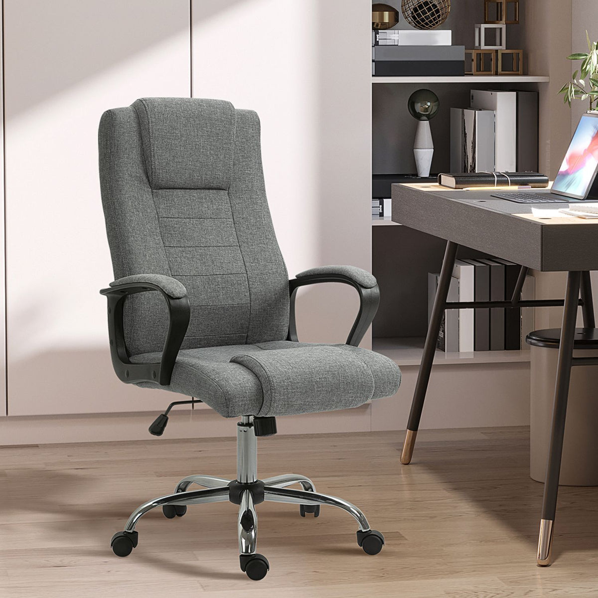 Office Chair Computer Chair With Rocker Function Headrest Ergonomic Desk Chair Swivel Height Adjustable Linen Touch 62X62X110-119 Cm