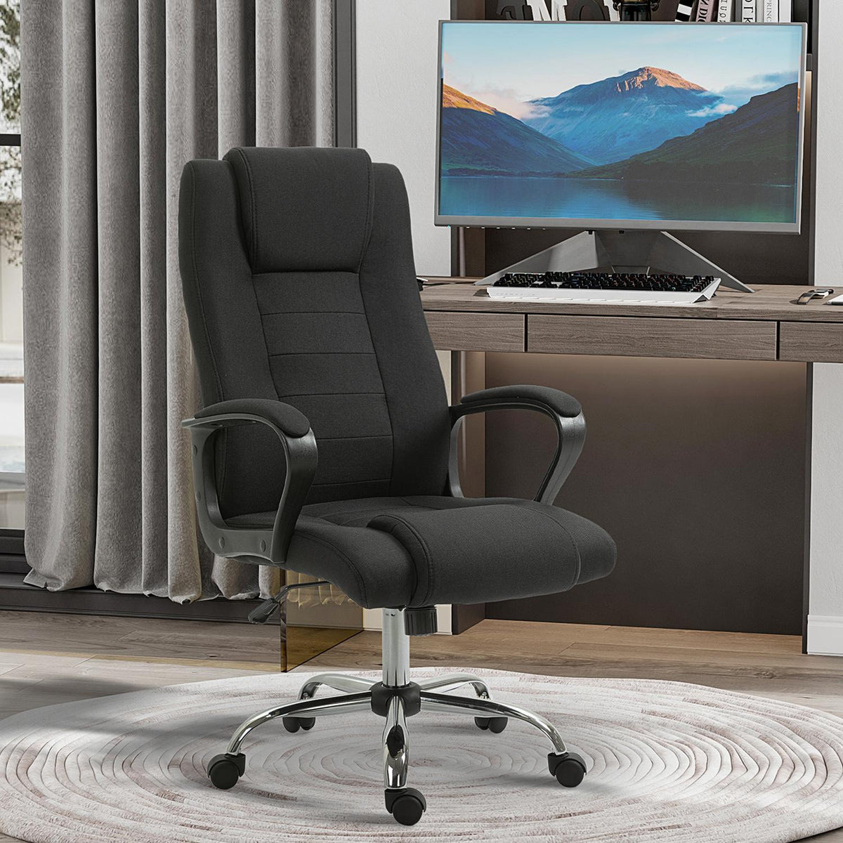 Office Chair Computer Chair With Rocker Function Headrest Ergonomic Rotatable Height Adjustable Linen Touch Black 62 X 62 X 110-119 Cm