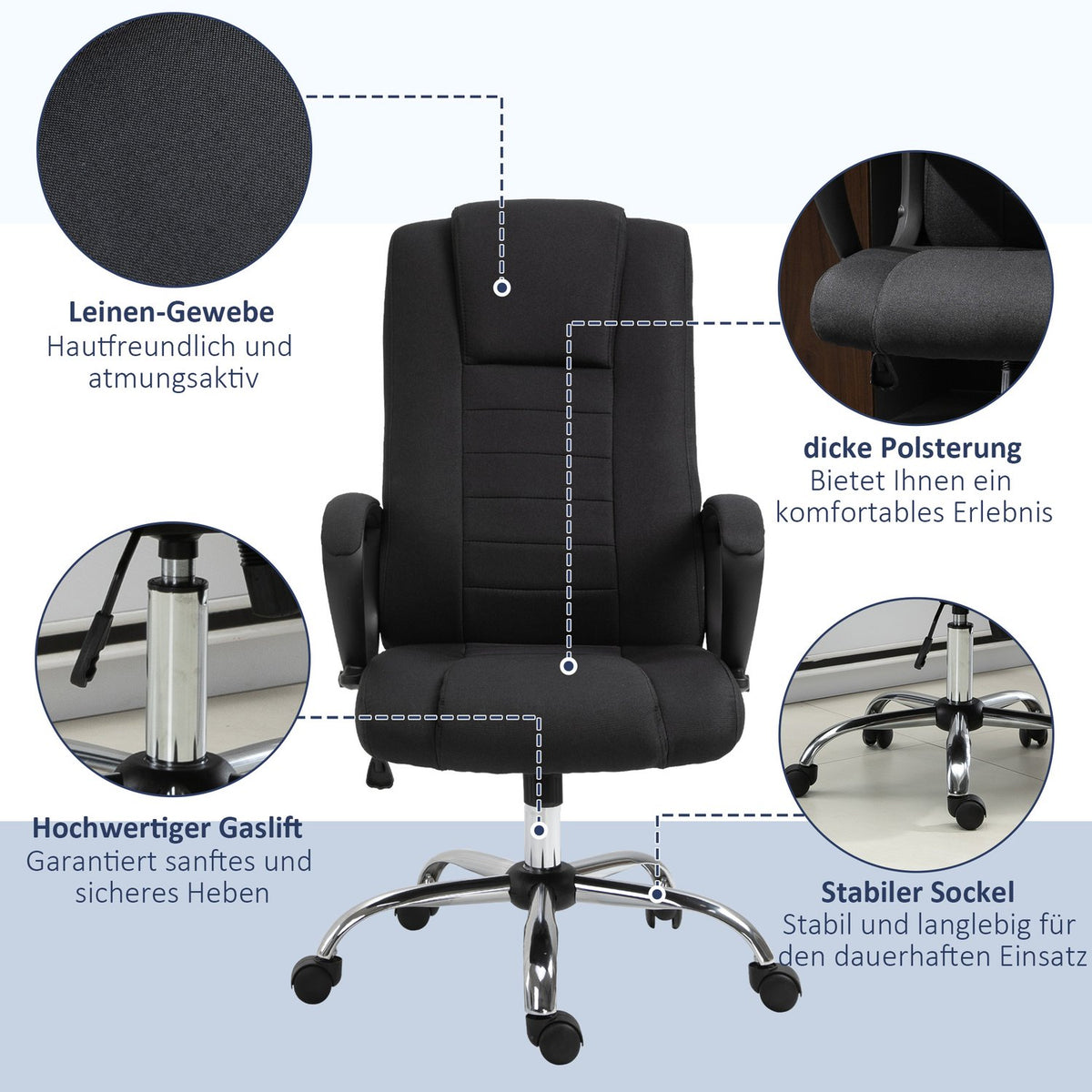 Office Chair Computer Chair With Rocker Function Headrest Ergonomic Rotatable Height Adjustable Linen Touch Black 62 X 62 X 110-119 Cm