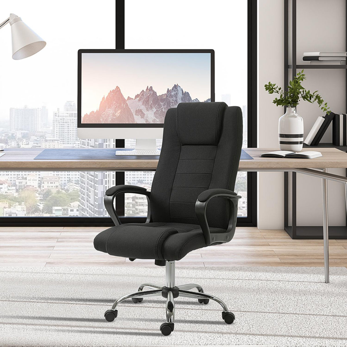 Office Chair Computer Chair With Rocker Function Headrest Ergonomic Rotatable Height Adjustable Linen Touch Black 62 X 62 X 110-119 Cm