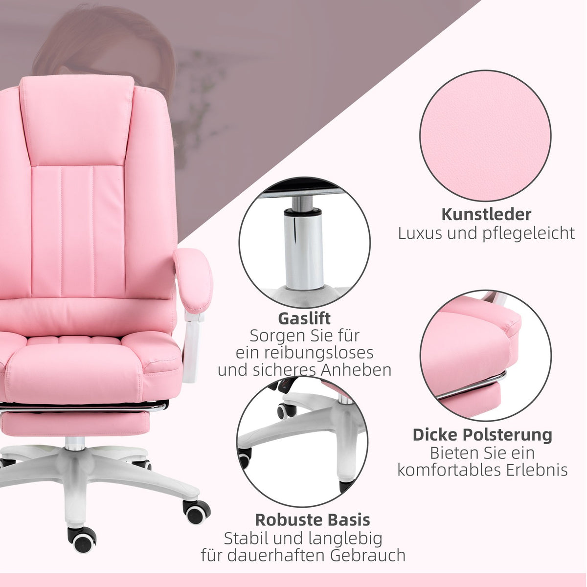 Office Chair Desk Chair Footrest Reclining Function Wheels Height Adjustable Faux Leather Pink