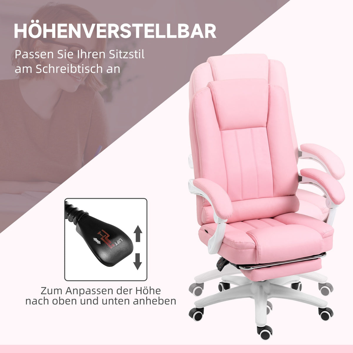 Office Chair Desk Chair Footrest Reclining Function Wheels Height Adjustable Faux Leather Pink