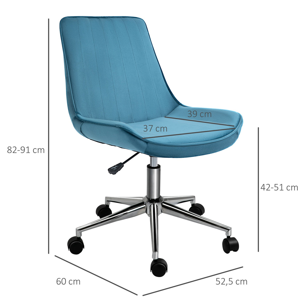 Office Chair Desk Chair, Swivel Chair, Height Adjustable, 360° Rotatable, Velvet Fabric, Blue, 52.5X60X82-91Cm
