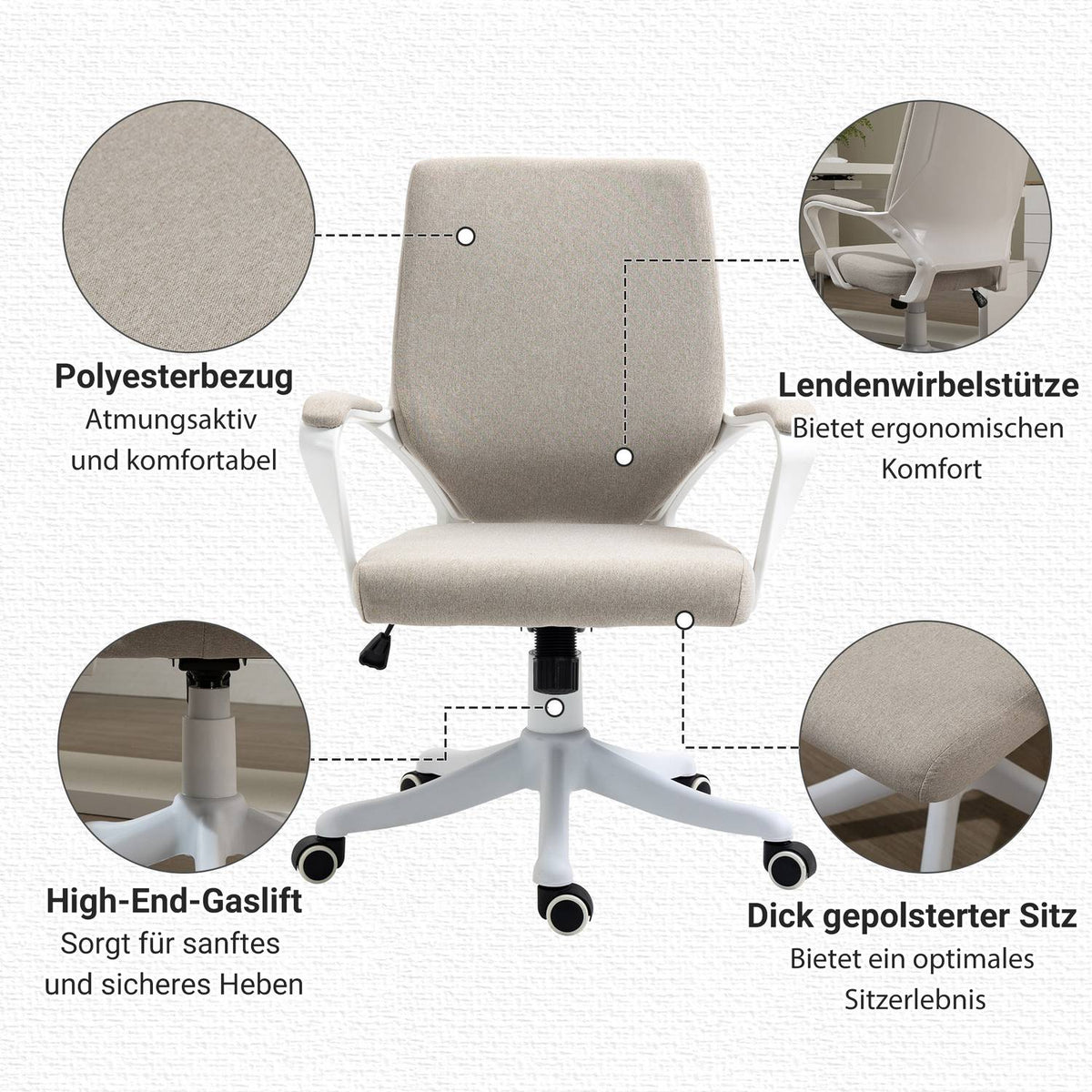 Office Chair Desk Chair With Rocker Function Backrest Height Adjustable Thick Padded Ergonomic 360° Swivel Wheels 62X69X92-100 Cm