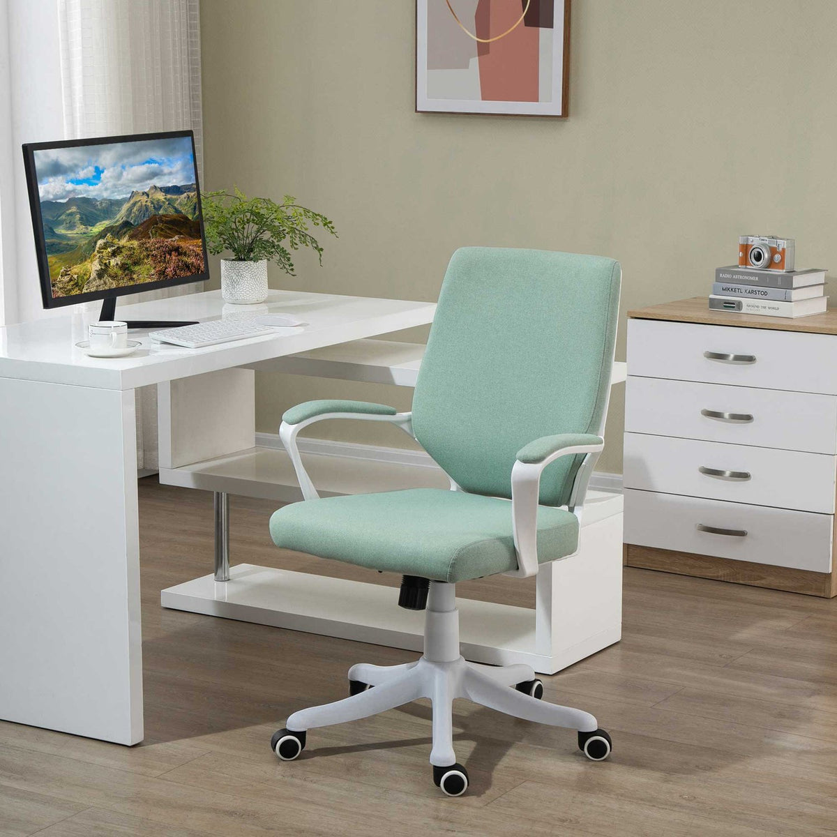 Office Chair Desk Chair With Rocker Function Backrest Thickly Padded Ergonomic 360° Swivel Wheels Polyester Green + White 62X69X92-100 Cm