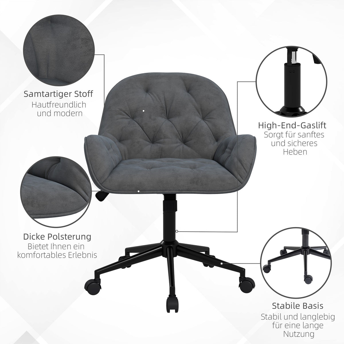 Office Chair Desk Chair With Rocker Function, Height Adjustable, Ergonomic, Velvet Look, Dark Grey