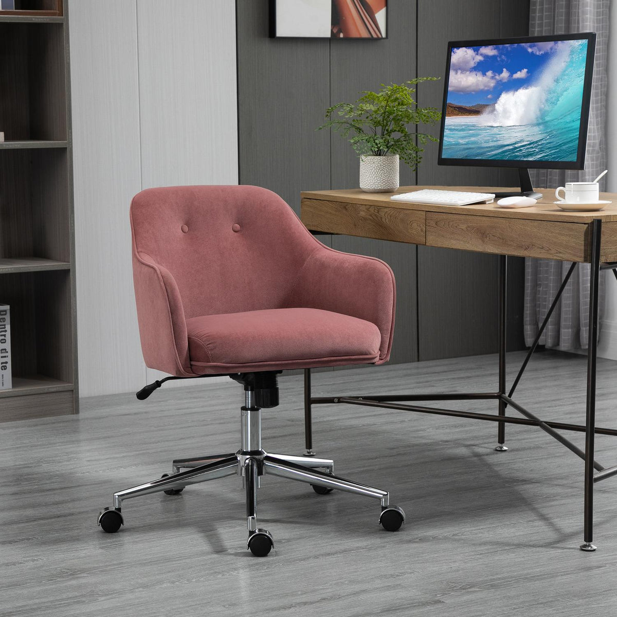 Office Chair Desk Chair With Rocker Function, Height Adjustable, Velvet Touch, Red, 61X59X80.5-90.5Cm