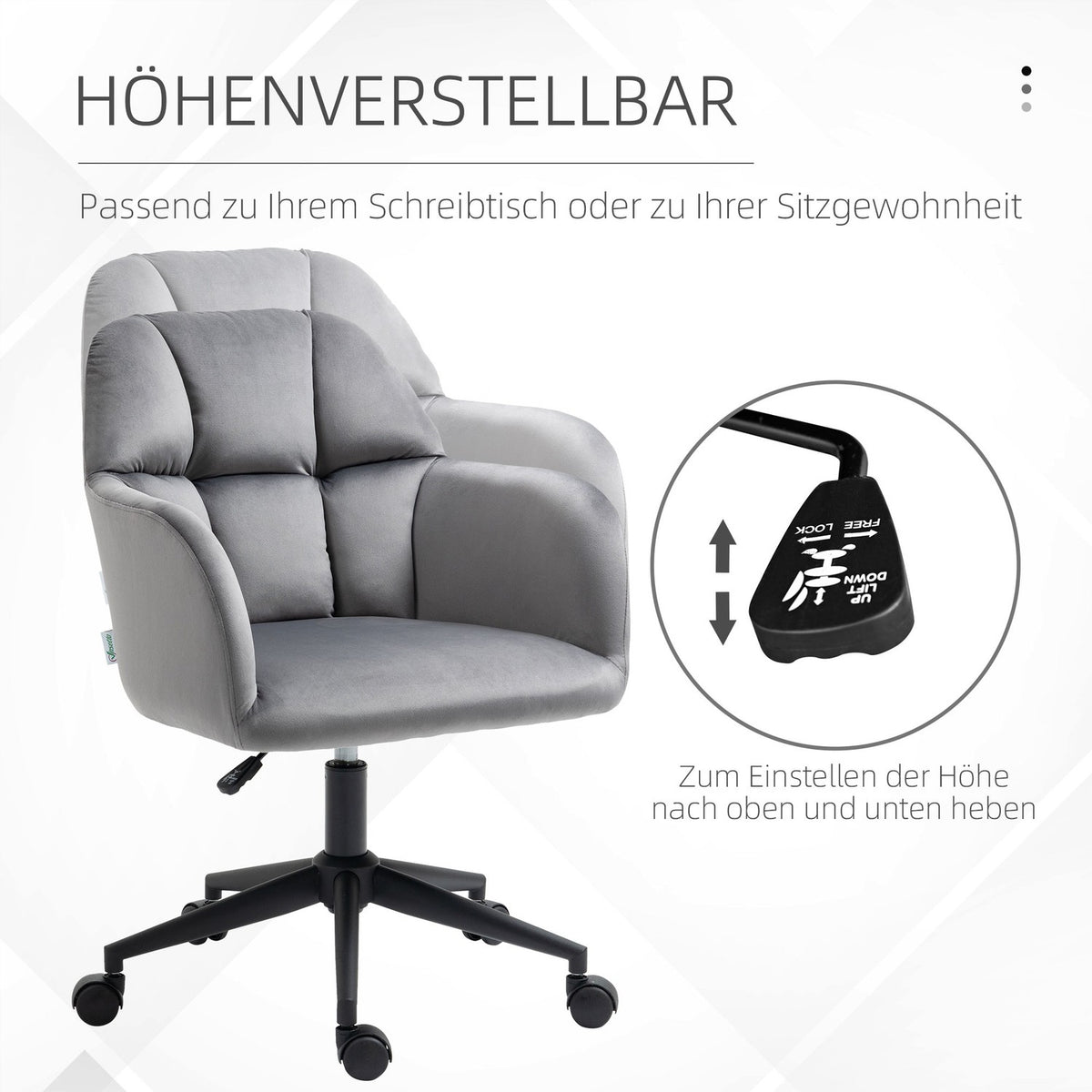 Office Chair Desk Chair With Wheels, Height Adjustable, Ergonomic, Velvet Look, Up To 120 Kg, Gray