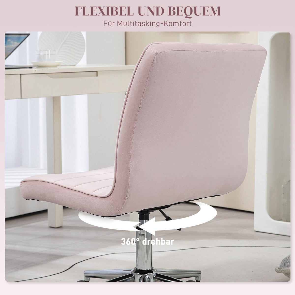 Office Chair Desk Chair Without Armrest Height Adjustable Swivel Chair Velvet Up To 120Kg Pink