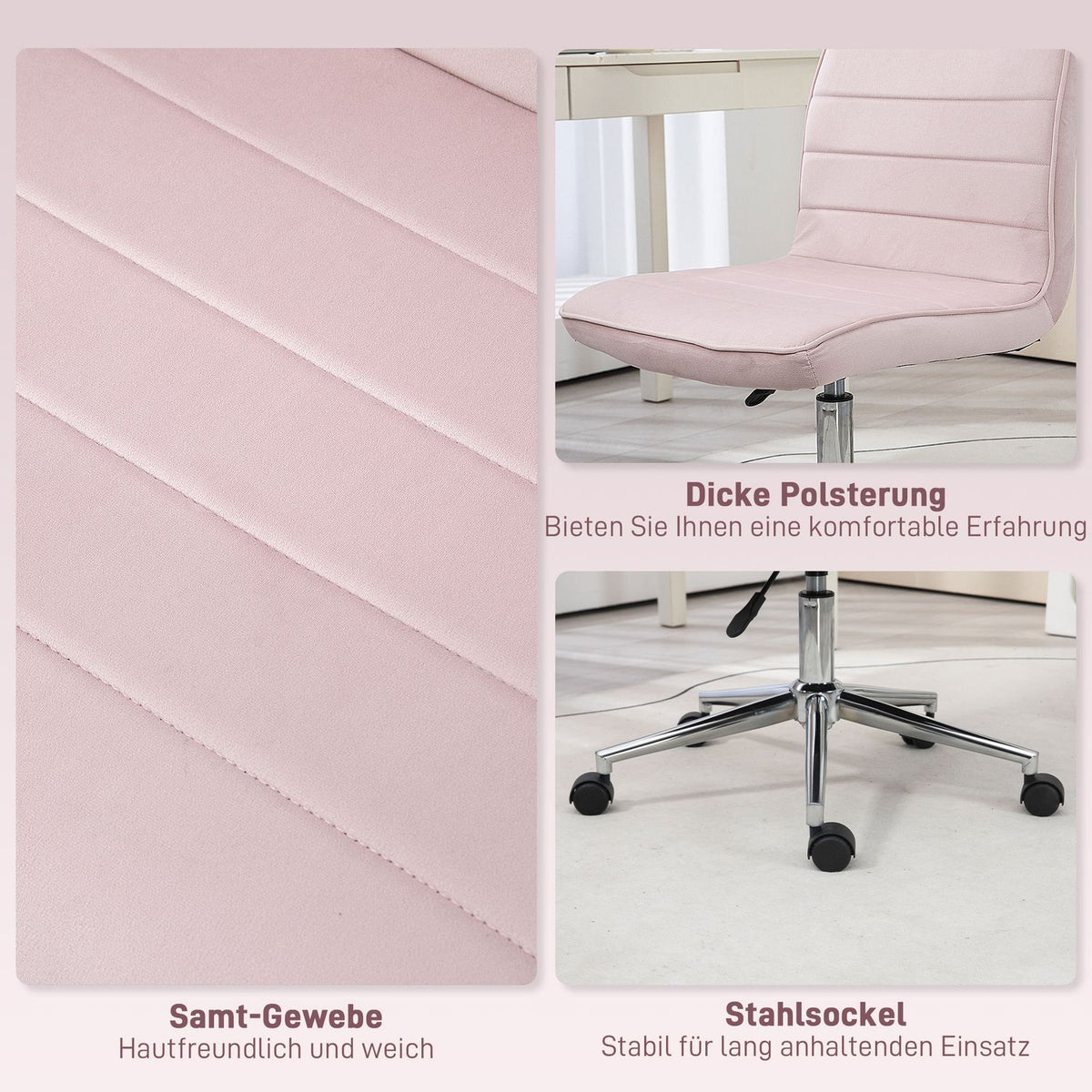 Office Chair Desk Chair Without Armrest Height Adjustable Swivel Chair Velvet Up To 120Kg Pink