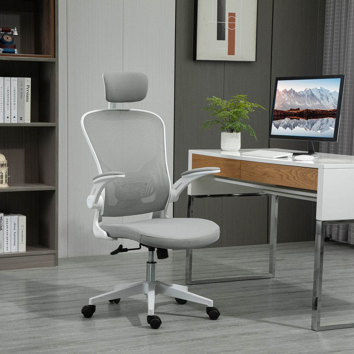 Office Chair Ergonomic Chair With Rocker Function High Back Lumbar Support Headrest Fold-Up Gray 65 X 64 X 114-122 Cm