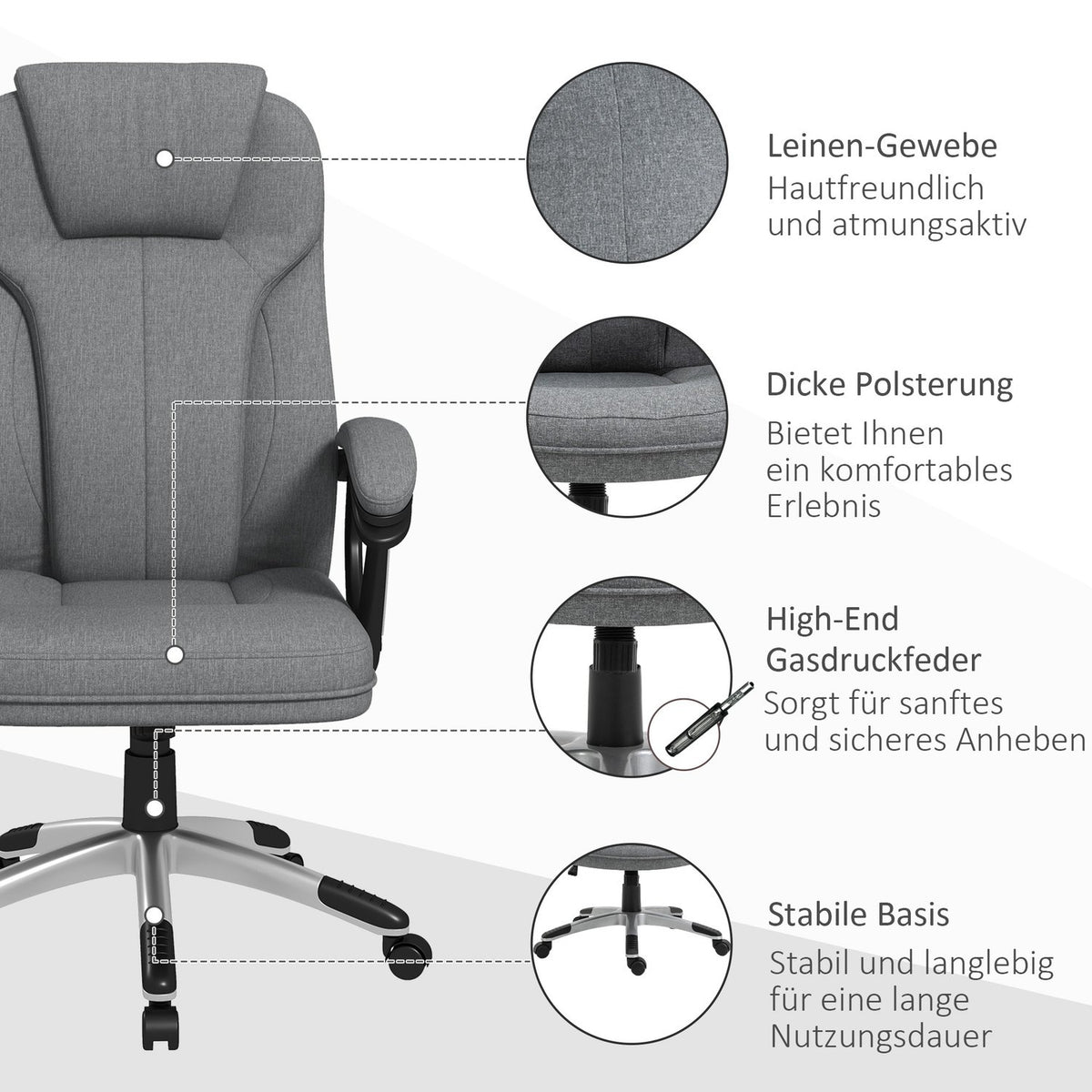 Office Chair Ergonomic Computer Chair With Rocker Function, Height Adjustable, Headrest, Armrests, Gray, Linen Look, 66X75X110-120Cm
