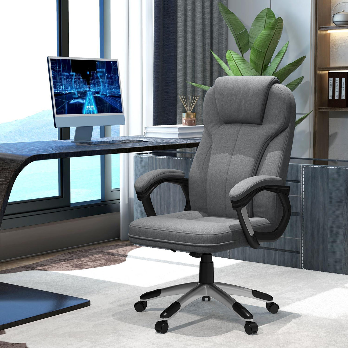 Office Chair Ergonomic Computer Chair With Rocker Function, Height Adjustable, Headrest, Armrests, Gray, Linen Look, 66X75X110-120Cm