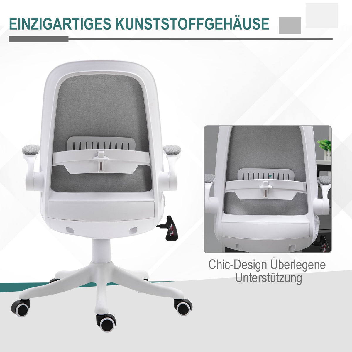 Office Chair Ergonomic Desk Chair With Rocker Function, Adjustable Armrest, Gray & White, 62.5X60X94-104Cm