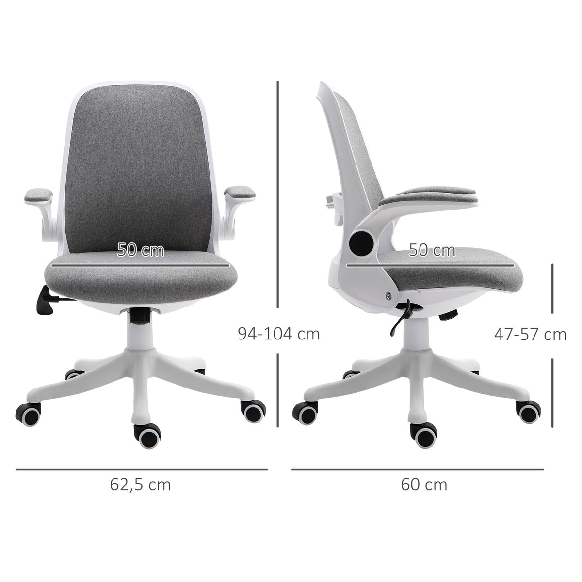 Office Chair Ergonomic Desk Chair With Rocker Function, Adjustable Armrest, Gray & White, 62.5X60X94-104Cm