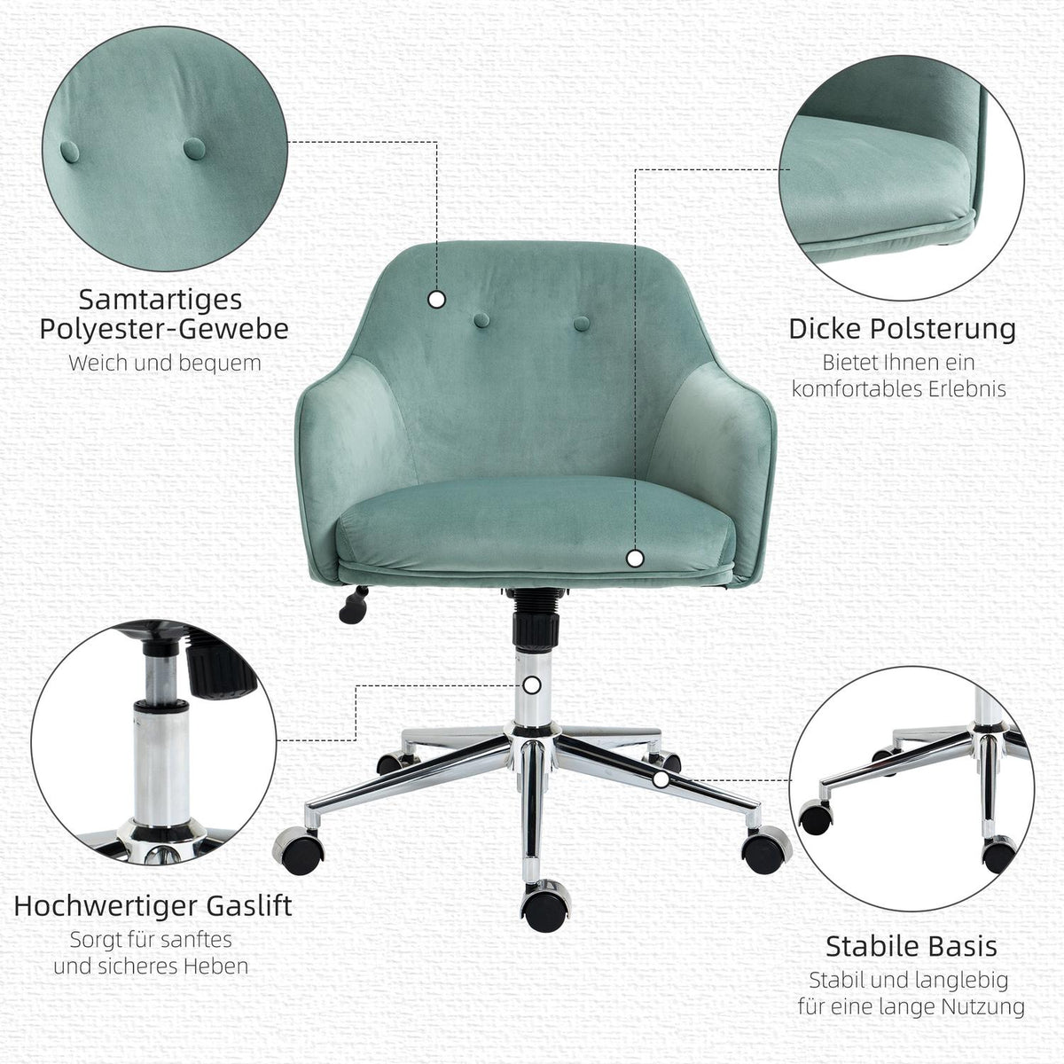 Office Chair Ergonomic Desk Chair With Rocker Function, Height Adjustable, Velvet Touch, Green