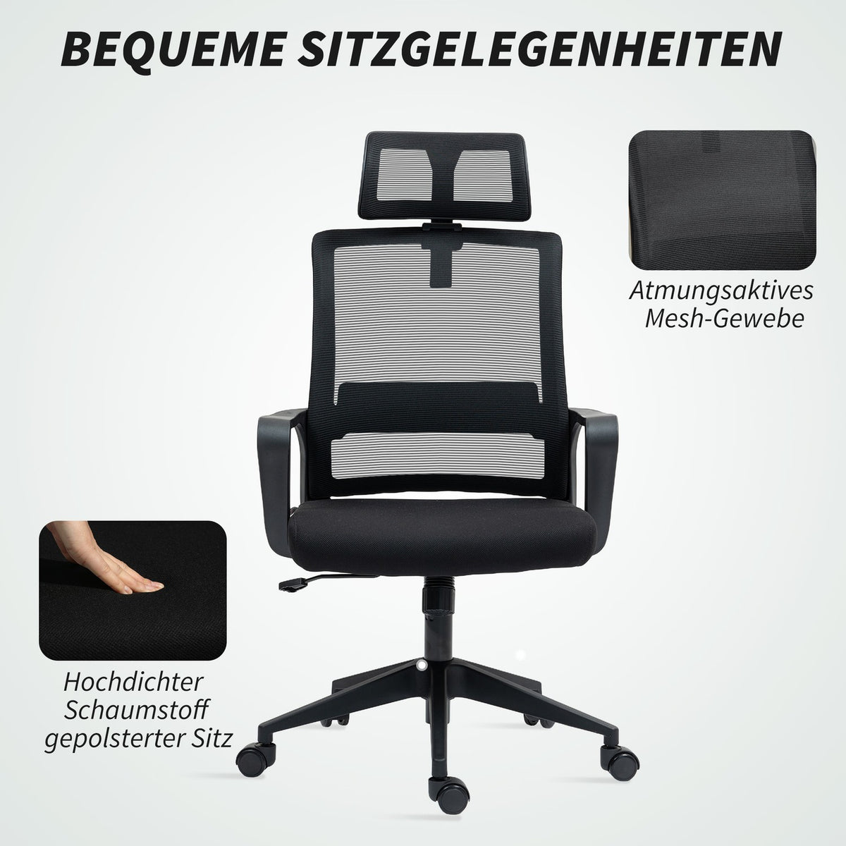 Office Chair Ergonomic Desk Chair with Armrest, Adjustable Headrest, Height-Adjustable Mesh Swivel Chair with Rocker Function, Black