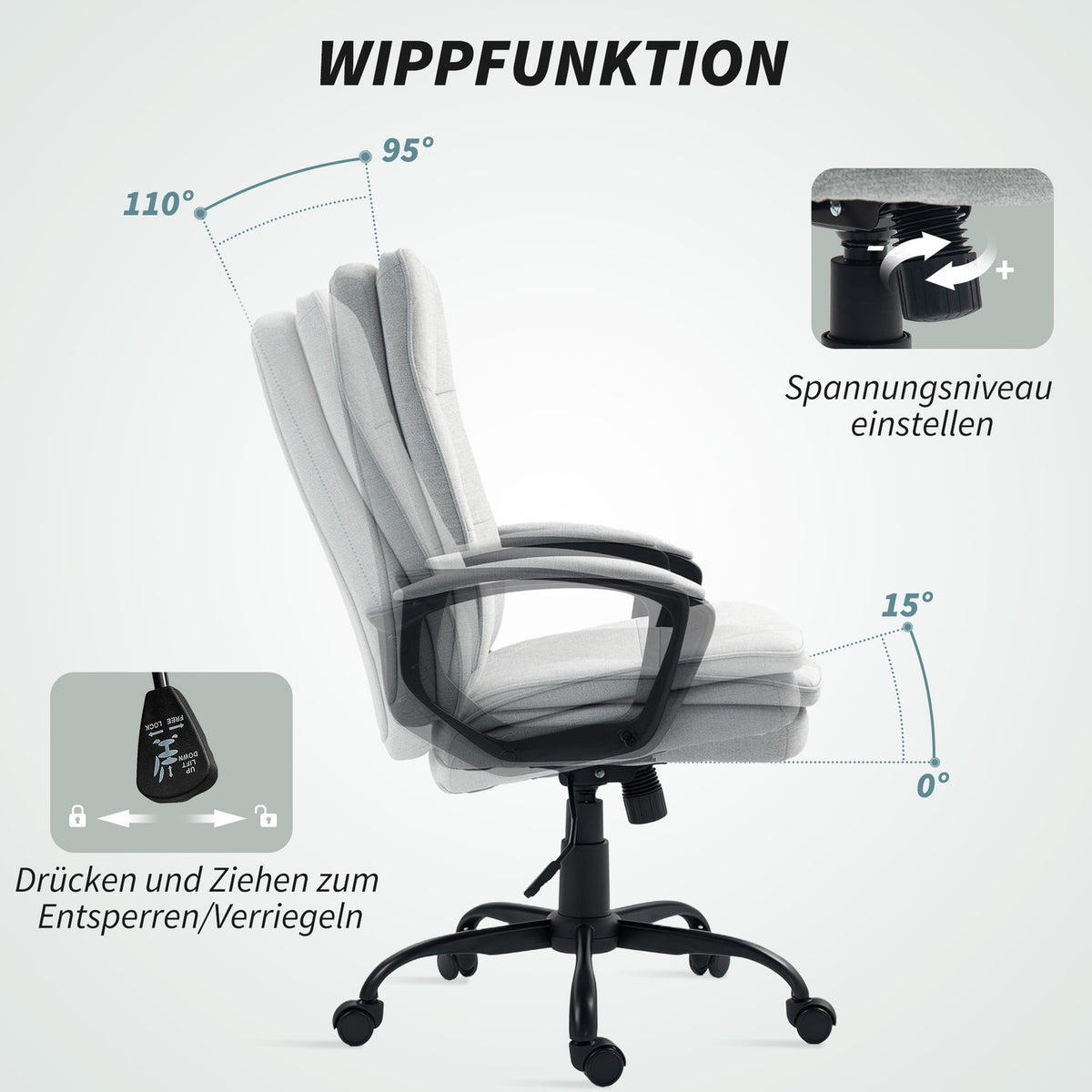Office Chair Ergonomic Desk Chair with Armrest, Height-Adjustable Swivel Chair with Rocker Function, Linen Look, Padded Computer Chair, Gray