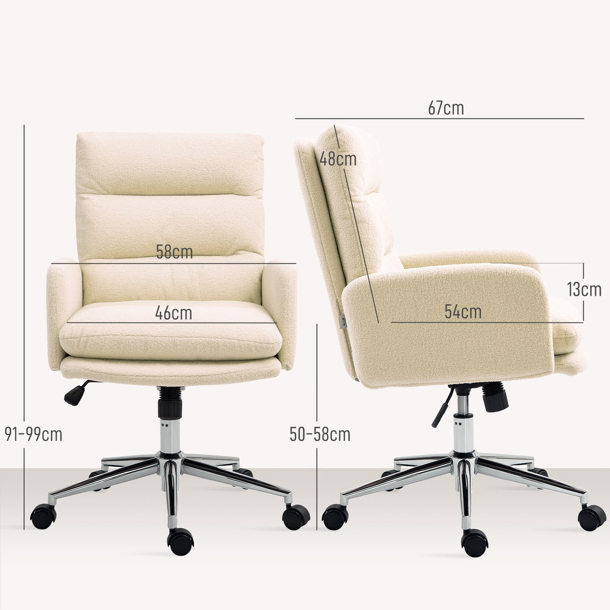 Office Chair Ergonomic Desk Chair with Armrest, Lambswool Look, Height-Adjustable Swivel Chair with Rocker Function, Padded Home Office Chair, Cream White |