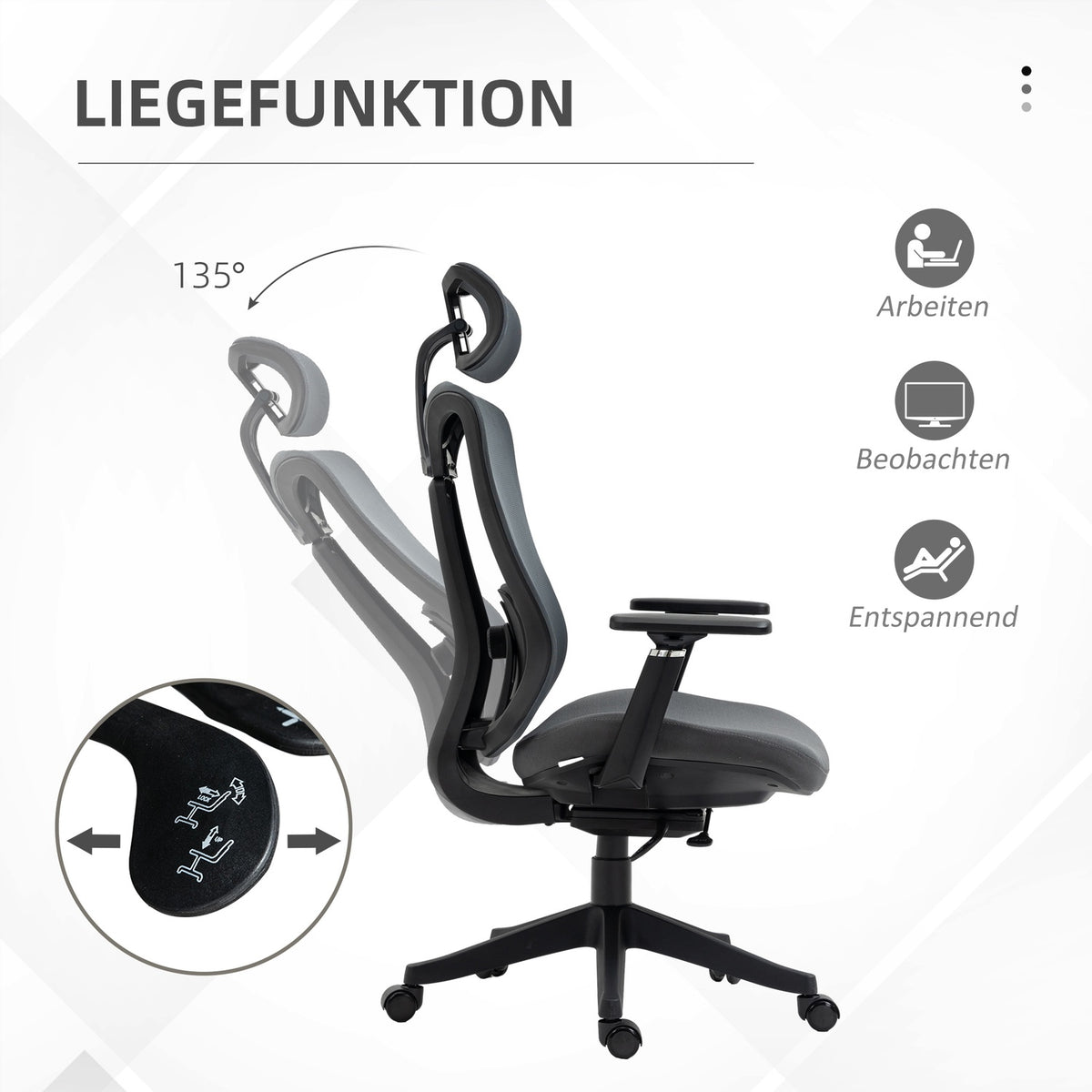 Office Chair Ergonomic Desk Chair with Reclining Function Mesh Gray for Comfortable Working & Relaxing