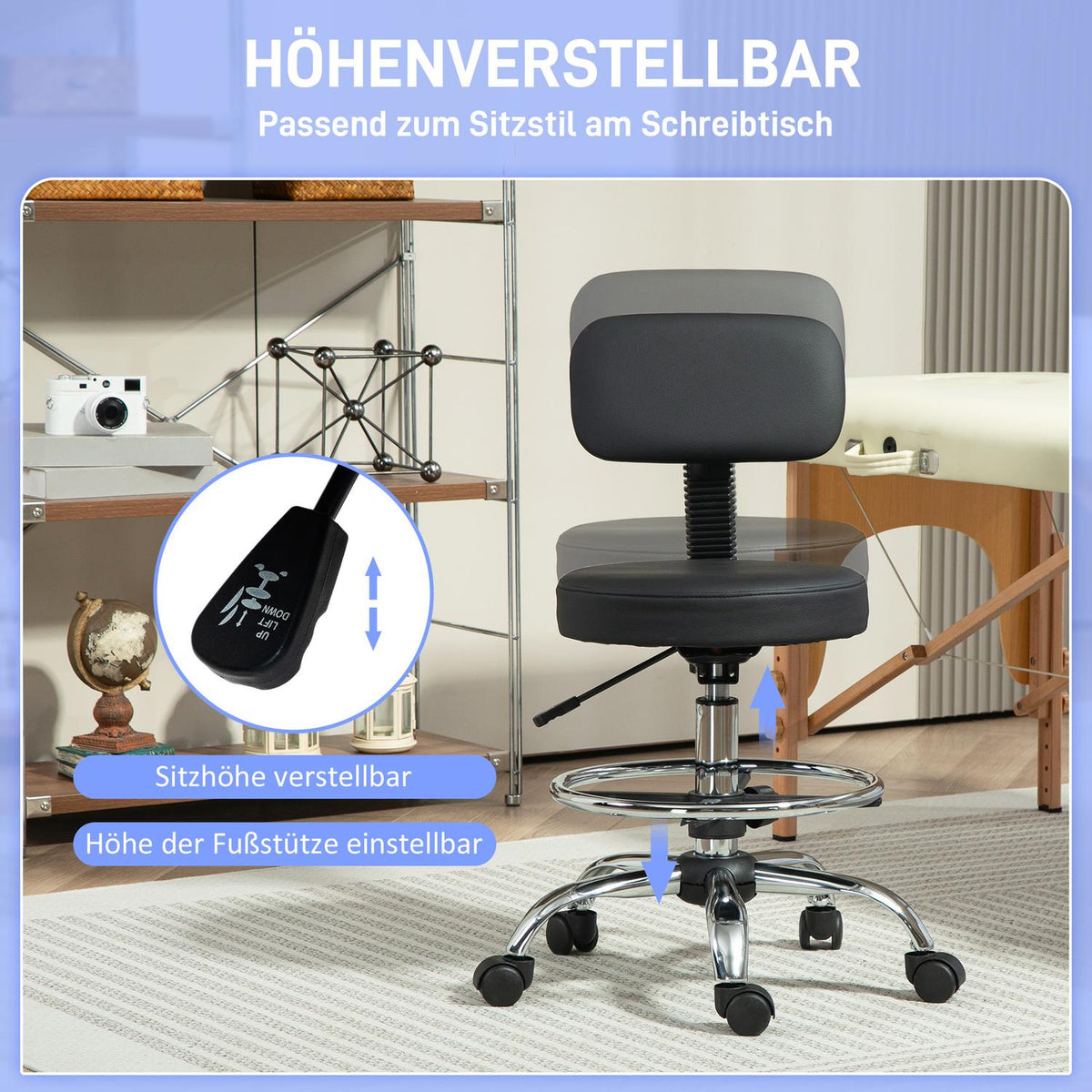 Office Chair, Ergonomic Drawing Chair, Height Adjustable Computer Chair with Foot Ring, Desk Chair, Swivel Chair for Living Room, Office, Faux Leather, Black