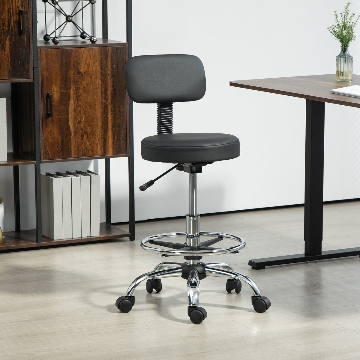 Office Chair, Ergonomic Drawing Chair, Height Adjustable Computer Chair with Foot Ring, Desk Chair, Swivel Chair for Living Room, Office, Faux Leather, Black