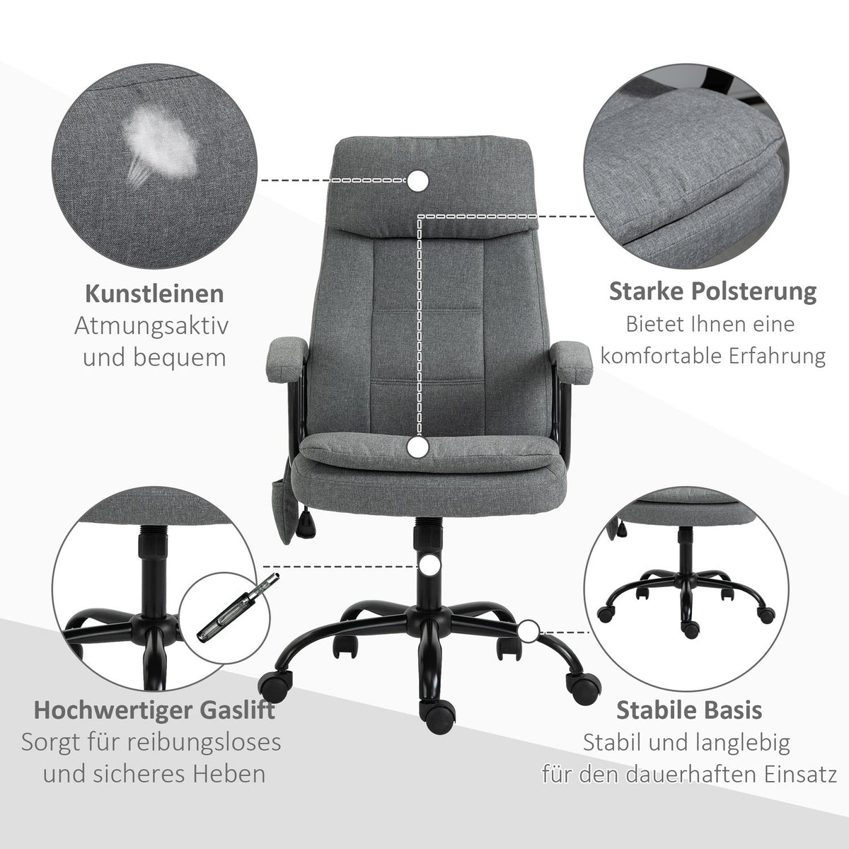 Office Chair Ergonomic Gaming Chair With Massage & Lumbar Massage, Height Adjustable, Linen Feel, Gray, 63X70X112-121Cm