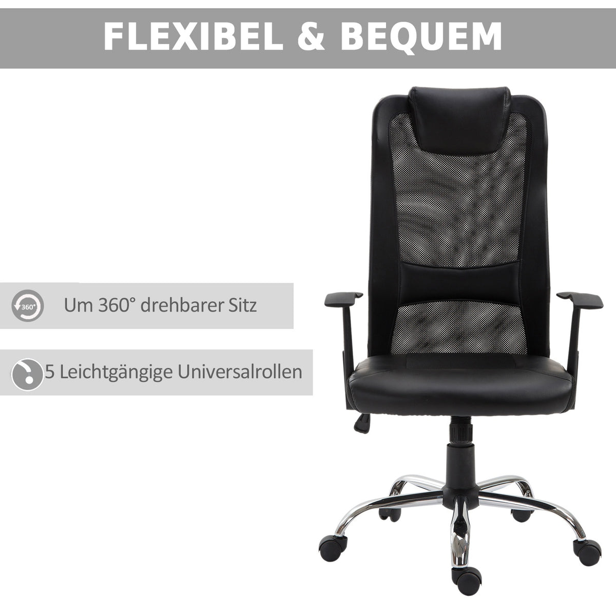 Office Chair Ergonomic Swivel Chair, Height Adjustable, Pu Leather, Black, 66X73X108-118 Cm