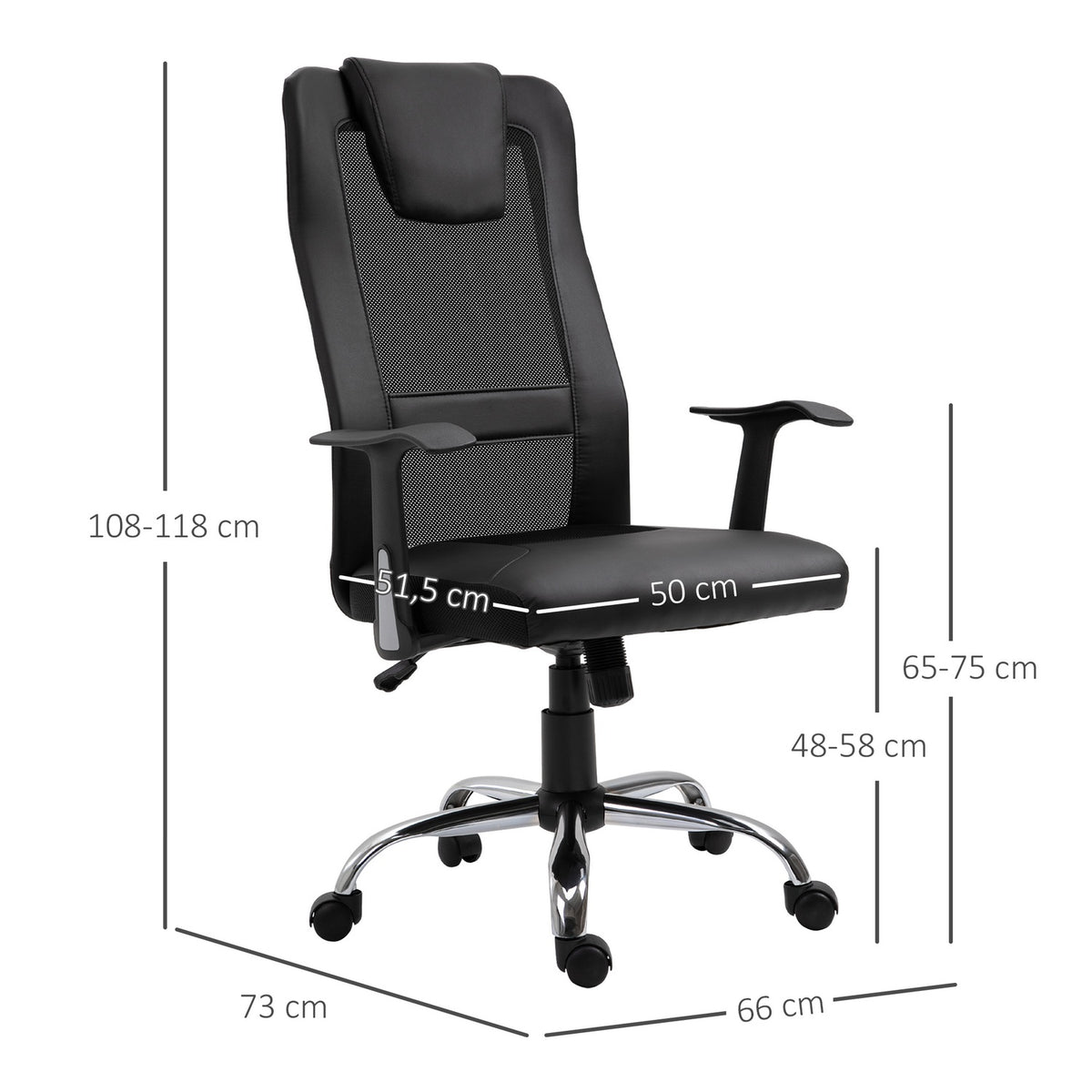 Office Chair Ergonomic Swivel Chair, Height Adjustable, Pu Leather, Black, 66X73X108-118 Cm