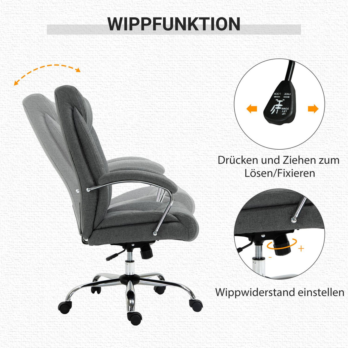 Office Chair Ergonomic Swivel Chair With Rocker Function, Padded Armrest, Headrest, Gray, 65X78X110-120Cm