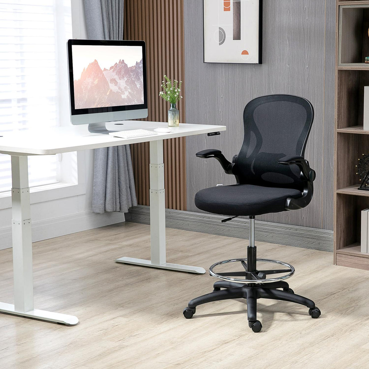 Office Chair Ergonomic Work Chair With Adjustable Foot Ring, 110-130 Cm Height Adjustable, Wheels, Lumbar Support, Black