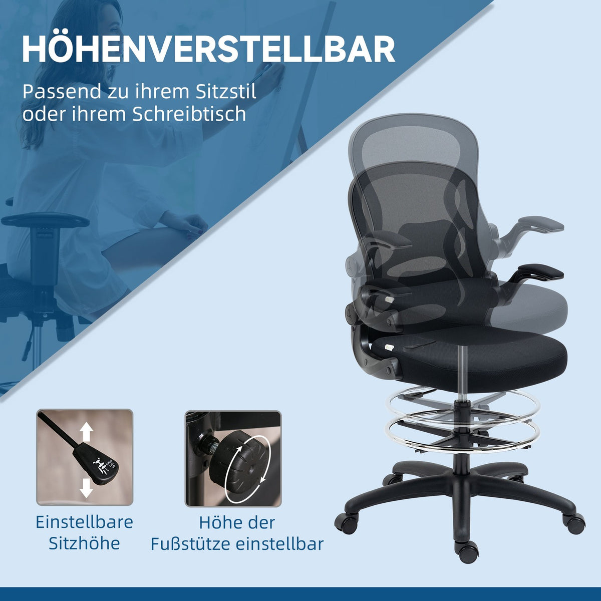 Office Chair Ergonomic Work Chair With Adjustable Foot Ring, 110-130 Cm Height Adjustable, Wheels, Lumbar Support, Black