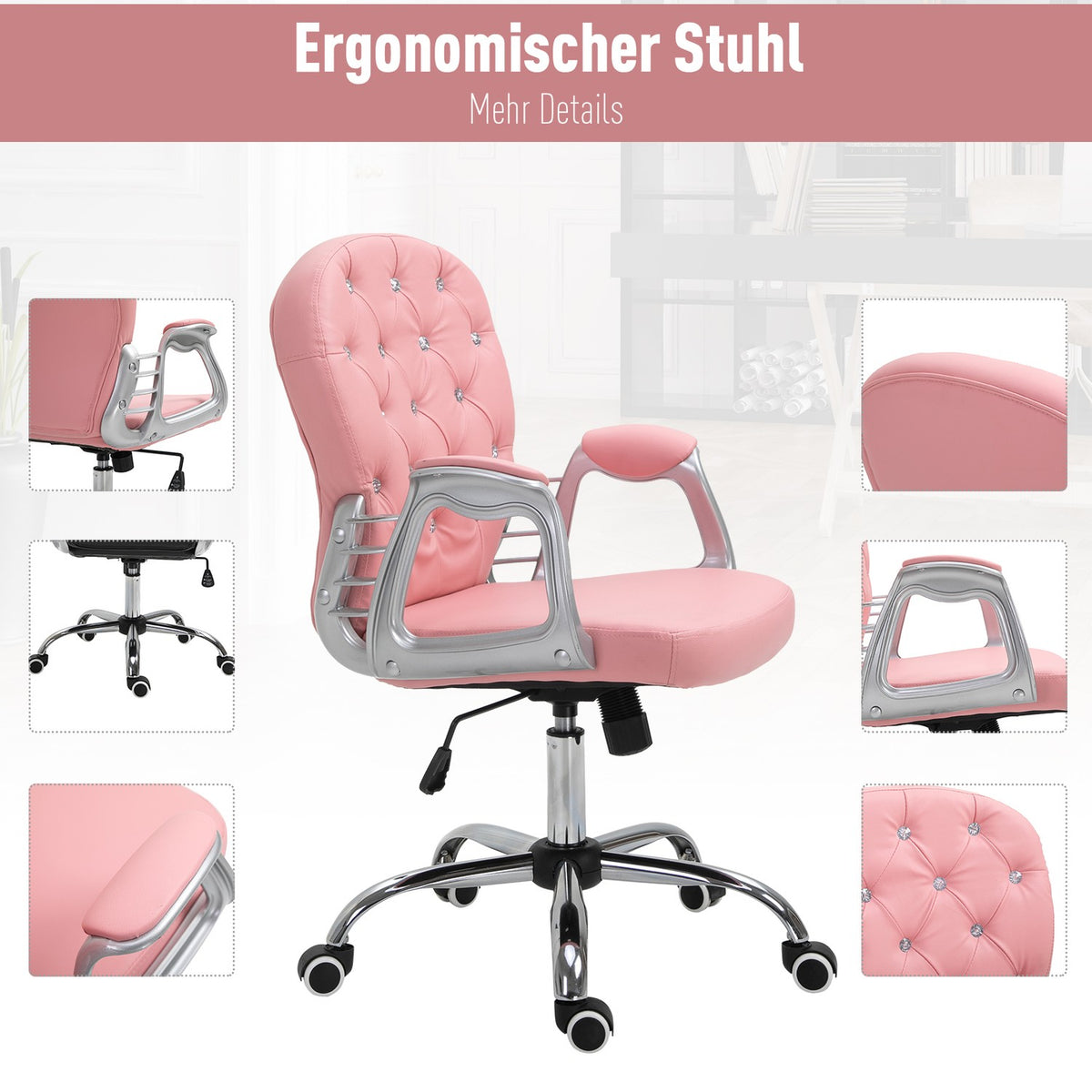 Office Chair Executive Chair Ergonomic Padded Backrest, Pink, Pu, 59.5 X 60.5 95-105 Cm