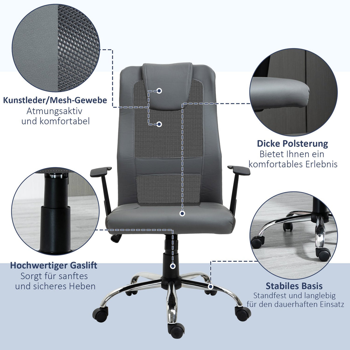 Office Chair Executive Chair Height Adjustable, Ergonomic, Faux Leather, Gray, 66X73X108-118 Cm