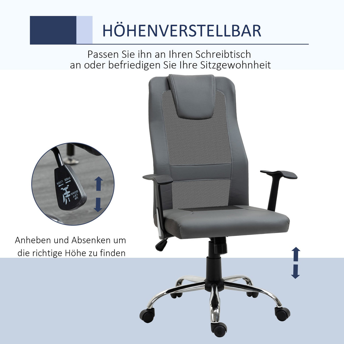 Office Chair Executive Chair Height Adjustable, Ergonomic, Faux Leather, Gray, 66X73X108-118 Cm