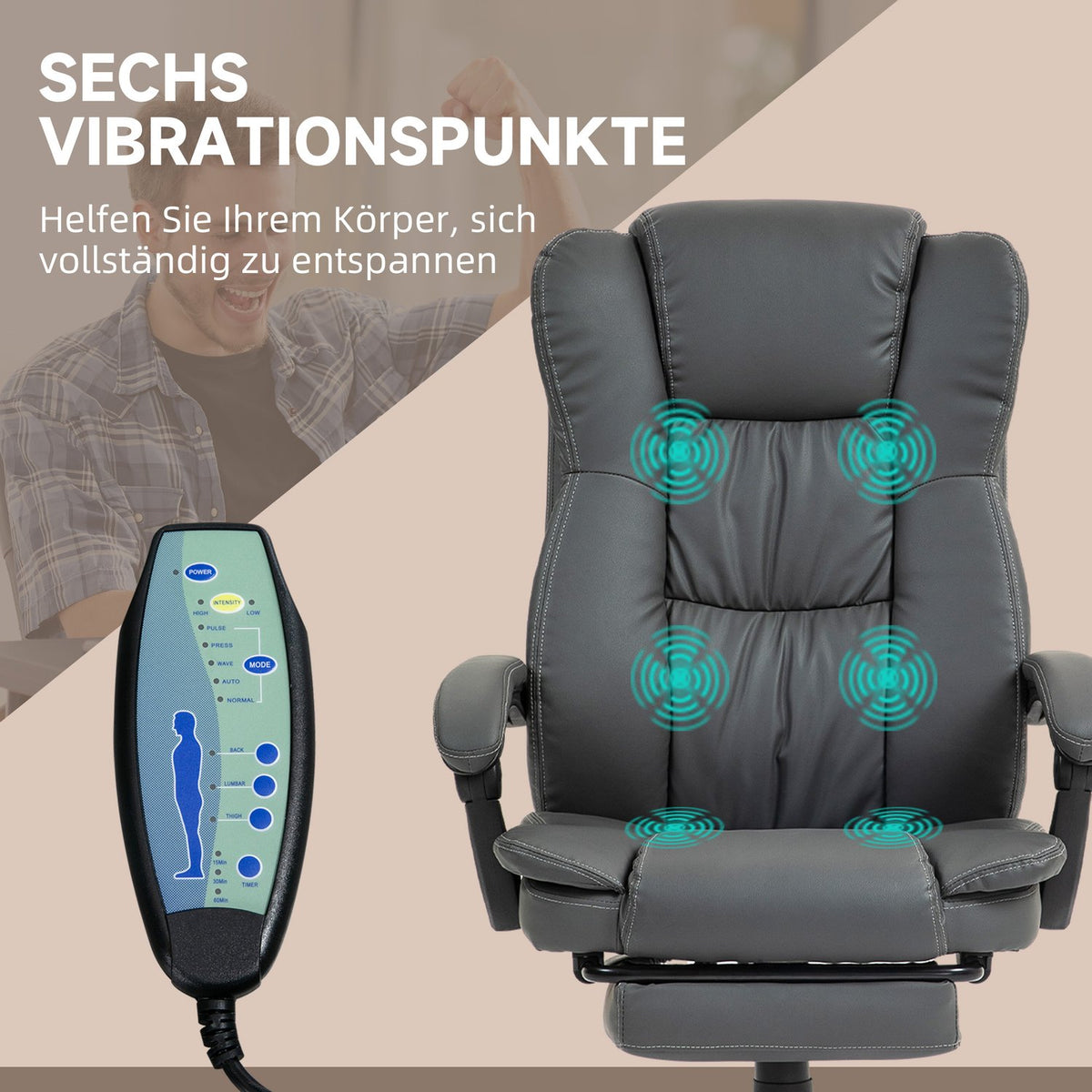 Office Chair Executive Chair Swivel Chair Liftable with Footrest Headrest Ergonomic Chair Vibration Desk Chair with Reclining Function Massage Function Faux Leather Dark Gray 68.5x68.5x113-121cm