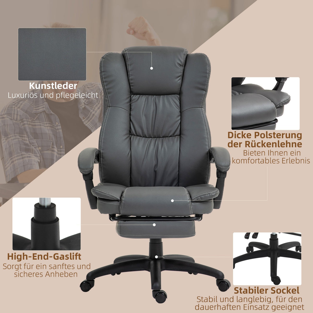 Office Chair Executive Chair Swivel Chair Liftable with Footrest Headrest Ergonomic Chair Vibration Desk Chair with Reclining Function Massage Function Faux Leather Dark Gray 68.5x68.5x113-121cm