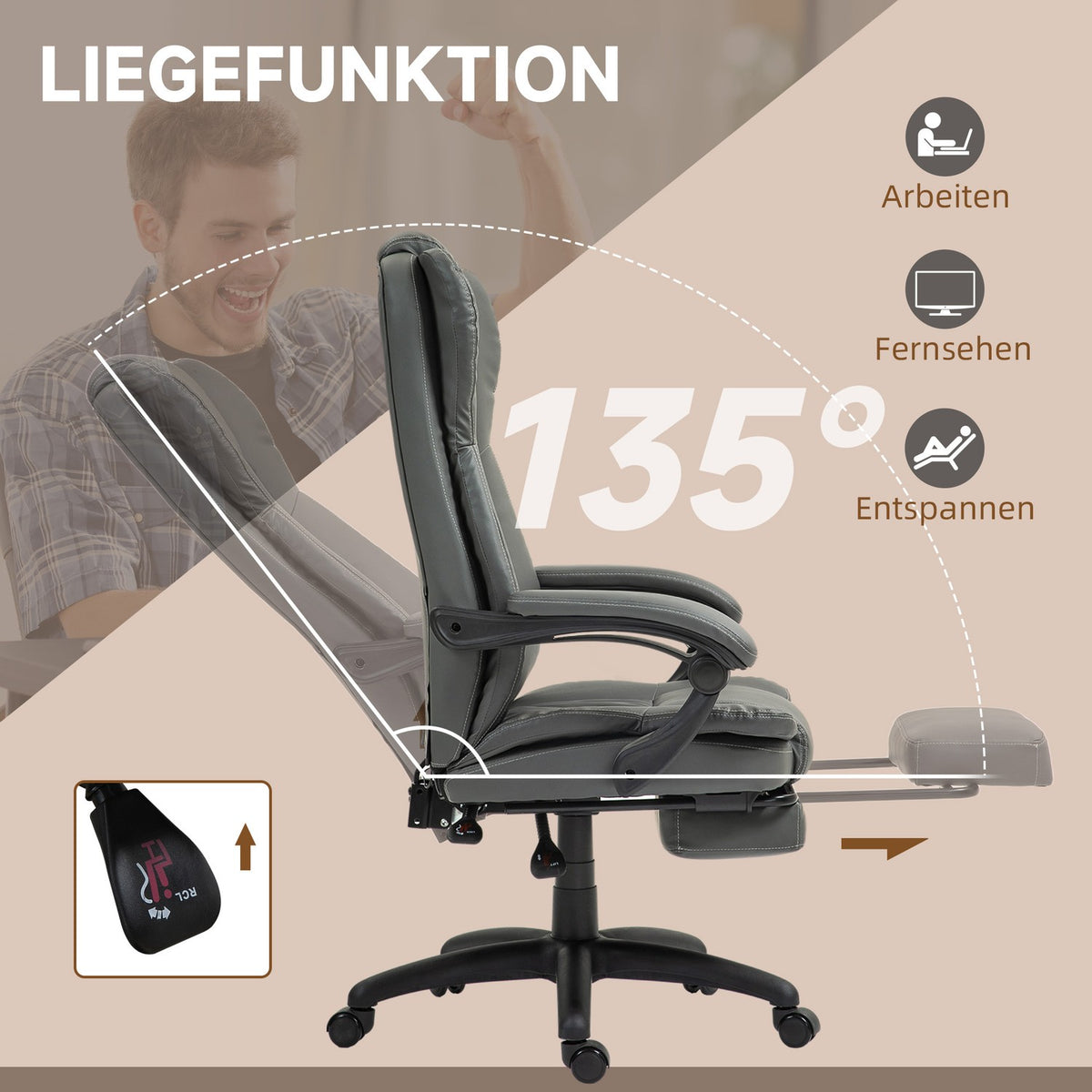 Office Chair Executive Chair Swivel Chair Liftable with Footrest Headrest Ergonomic Chair Vibration Desk Chair with Reclining Function Massage Function Faux Leather Dark Gray 68.5x68.5x113-121cm
